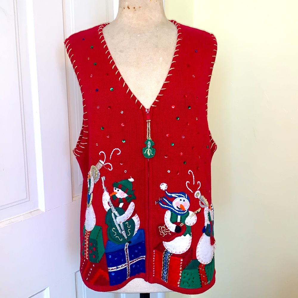 Vintage Snowman Heirloom Collectibles Zip Grandma Christmas Ugly Sweater Vest XL